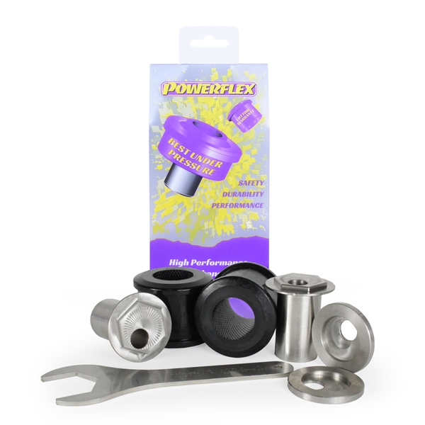 Powerflex PFF57-802 caster-adjustable front outer control arm bushes with stainless-steel sleeves and spanner