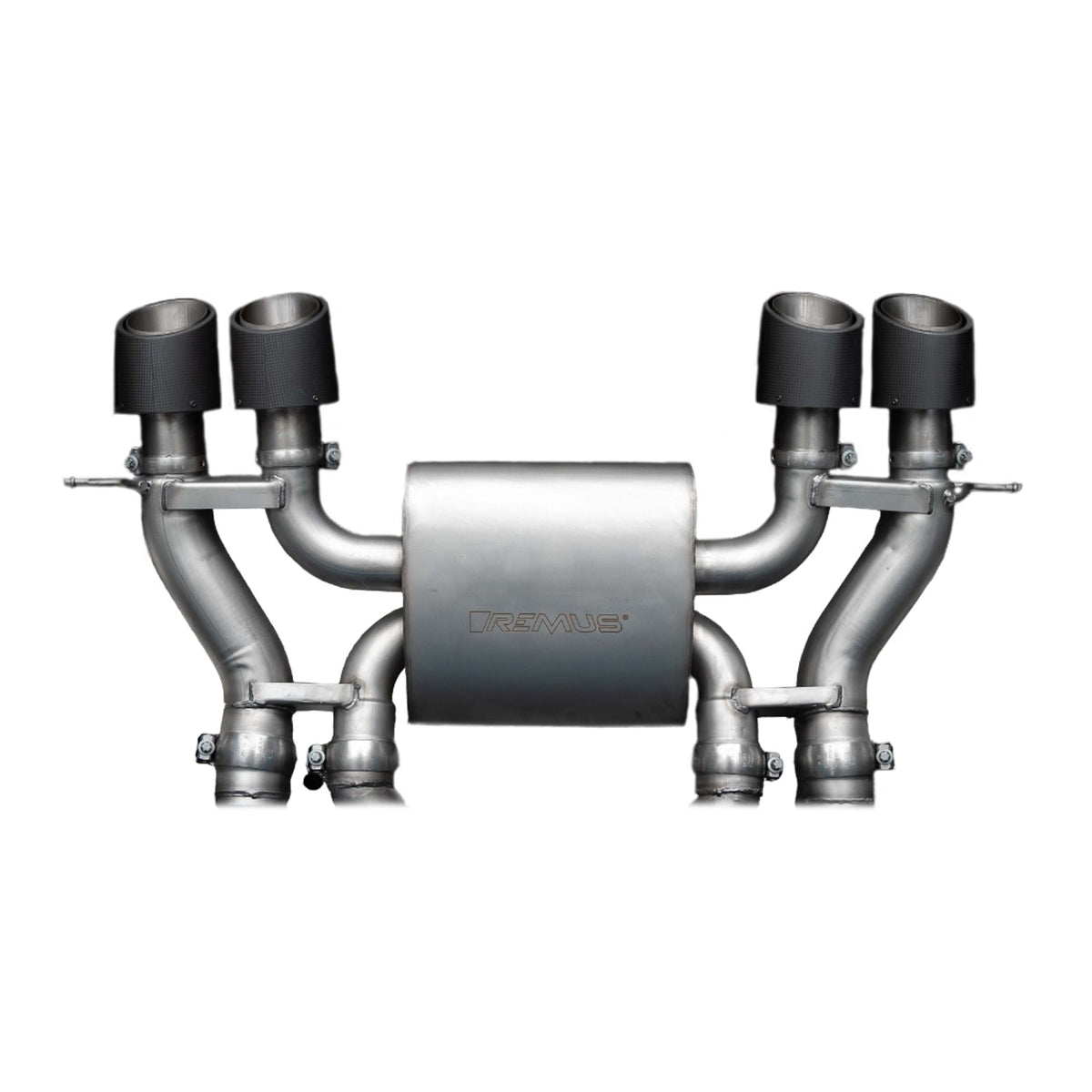 Remus Racing Secondary Cat Back Exhaust System installed on BMW G87 M2, showcasing polished stainless steel pipes and exhaust tips.