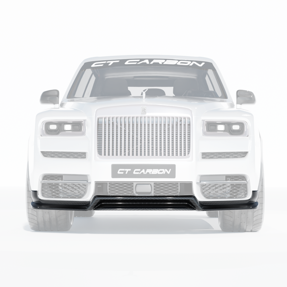 CT Carbon Rolls Royce Cullinan carbon fibre splitter installed on the front bumper, showcasing sleek, lightweight design and high-quality finish.