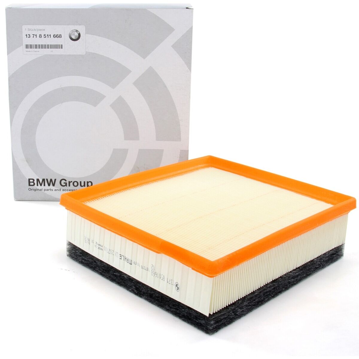 Genuine BMW panel air filter for B47 N47 engines, showing a clean, rectangular filter element with plastic frame for optimal engine airflow.