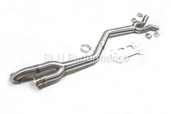 SLN Performance BMW S58 G87 M2 single mid exhaust pipe with under-brace, center section, for improved exhaust flow and sound.