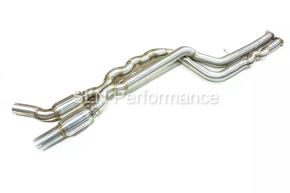 SLN Performance BMW S55 M2C equal length resonated mid pipe with under brace, center section for enhanced exhaust performance.