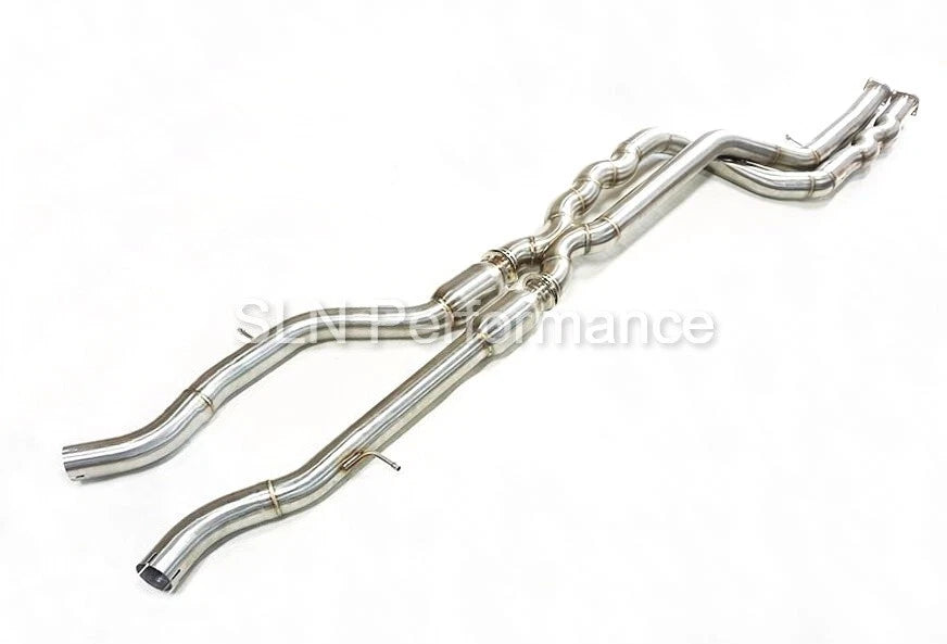 SLN Performance BMW S55 M3 F80 M4 F82 equal length resonated mid pipe with underbrace, center section for exhaust upgrade.