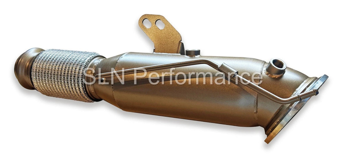 SLN Performance BMW B58 OPF Decat Downpipe for M240i, M340i, Z4 M40i, Supra A90, and other BMW models, showing the new exhaust part.