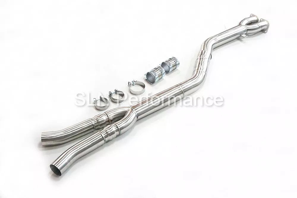 SLN Performance BMW S58 X3M F97 X4M F98 pre-LCI single mid pipe center section, metal exhaust part with mounting flanges.