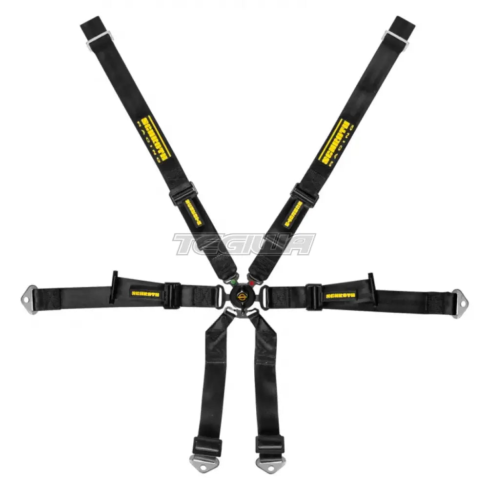 Black Schroth FHR 6-point 2x2 OEM Porsche 991 Profi harness for racing and safety, shown with straps and buckle details.