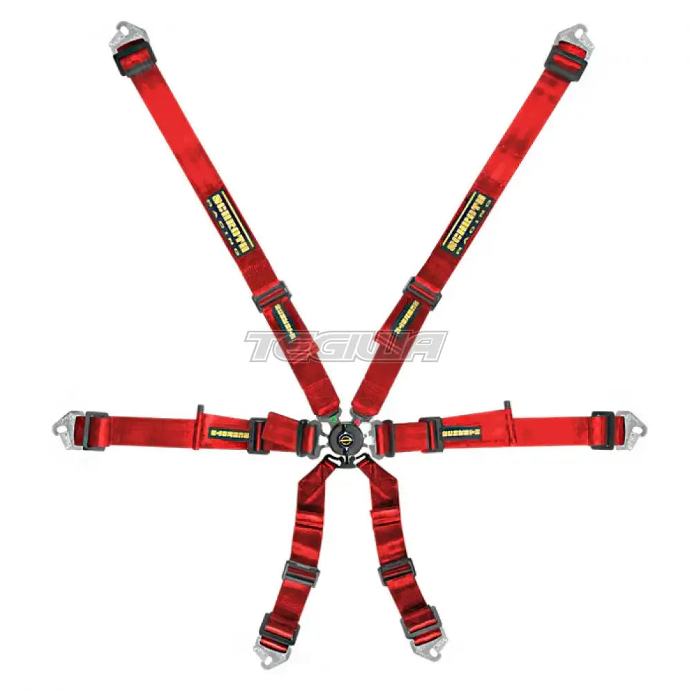 Red Schroth FHR 6 Point Flexi Harness accessory with adjustable straps and buckles for racing safety and secure fit.
