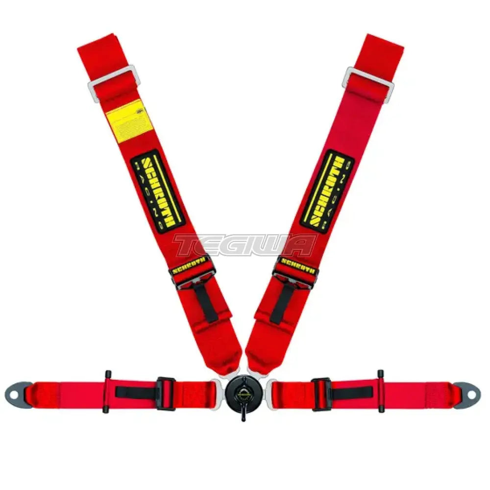 Red Schroth Lotus II OEM 4-point professional harness mounted on a racing harness system, designed for added safety and support.