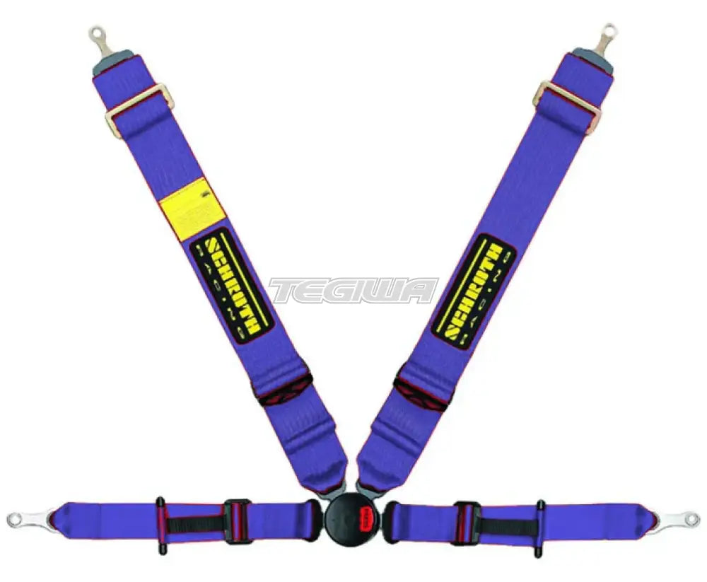 Schroth Profi II-FE ASM 4-point professional restraint harness in blue, with shoulder straps and harness buckles visible.