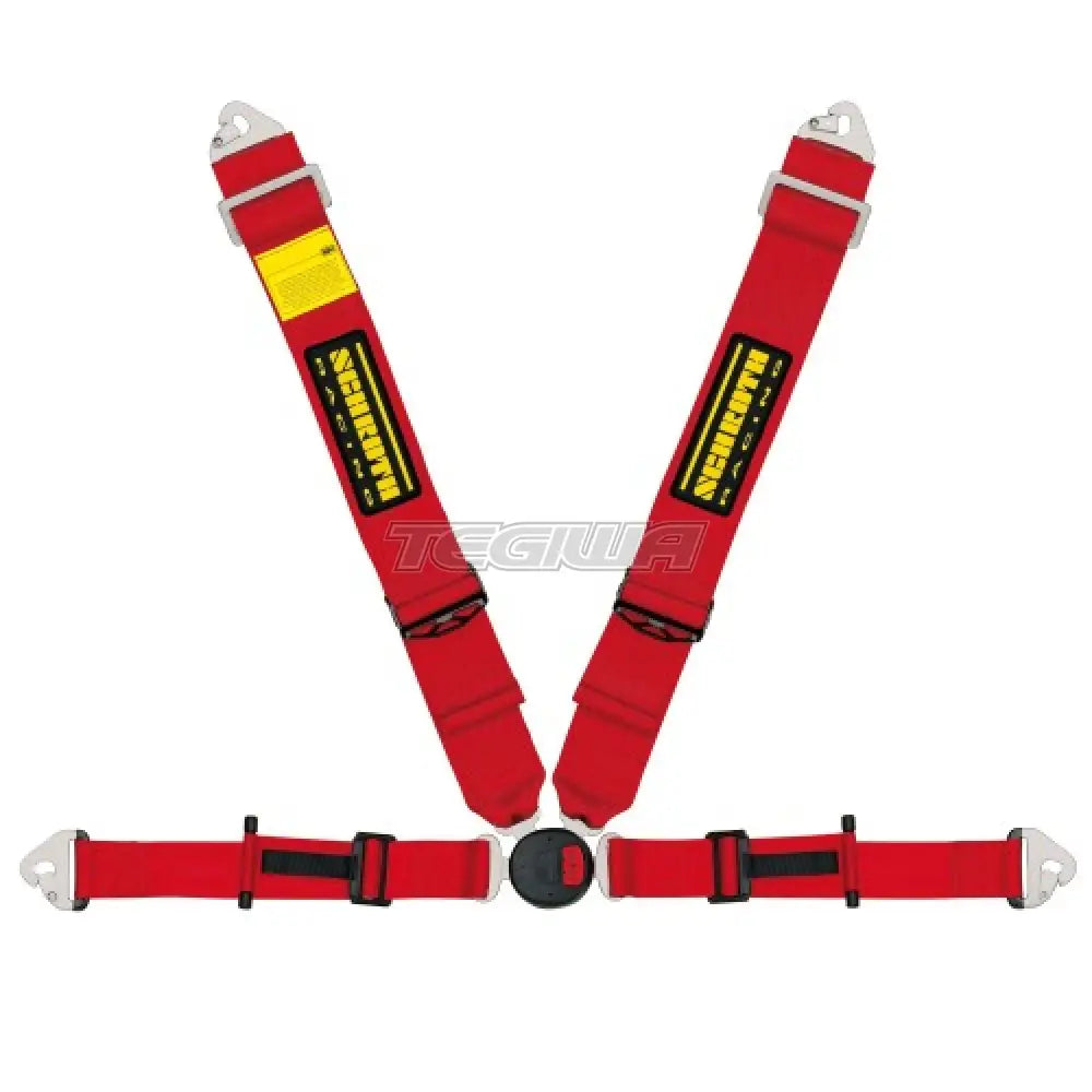Red Schroth Profi II-FE ASM 4-point professional restraint harness with left shoulder strap for racing or high-performance vehicles.