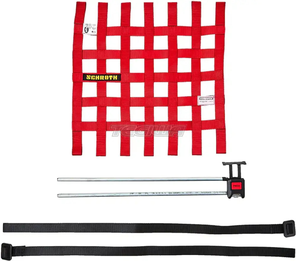 Schroth small red window net with hardware, side view showing net and mounting components for car safety accessory.