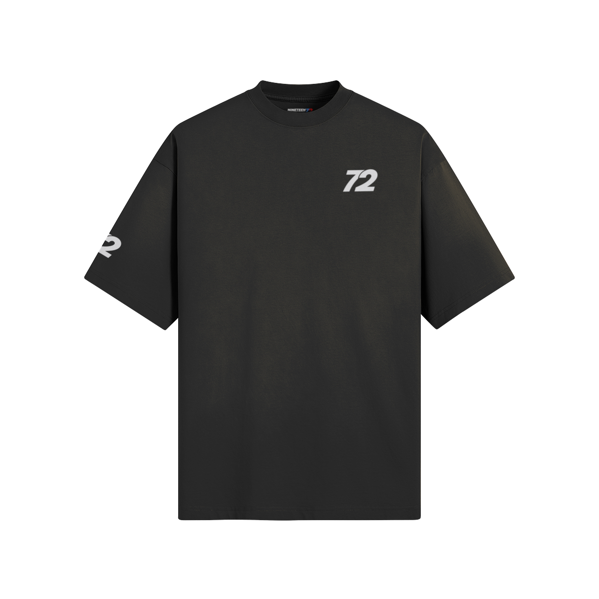 Nineteen72 Performance shop T-shirt with bold "72" graphic on front, casual fit, black fabric, and round neckline.