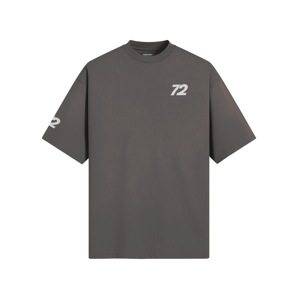 Nineteen72 Performance T-Shirt with bold "72" graphic in black on white cotton fabric, casual and sporty style.