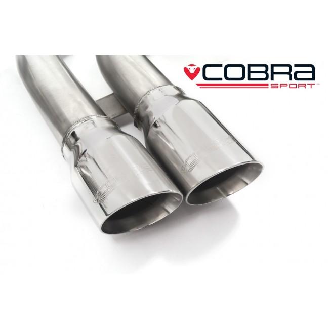 Cobra Sport VW Golf GTI Mk5 2.0 T FSI cat back turbo exhaust system, showing polished stainless steel exhaust pipes and tips.