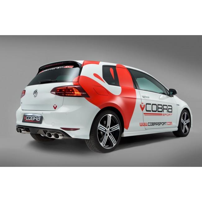 Cobra Sport VW Golf R Mk7 2.0 TSI cat back exhaust with chrome tailpipes on a black vehicle.
