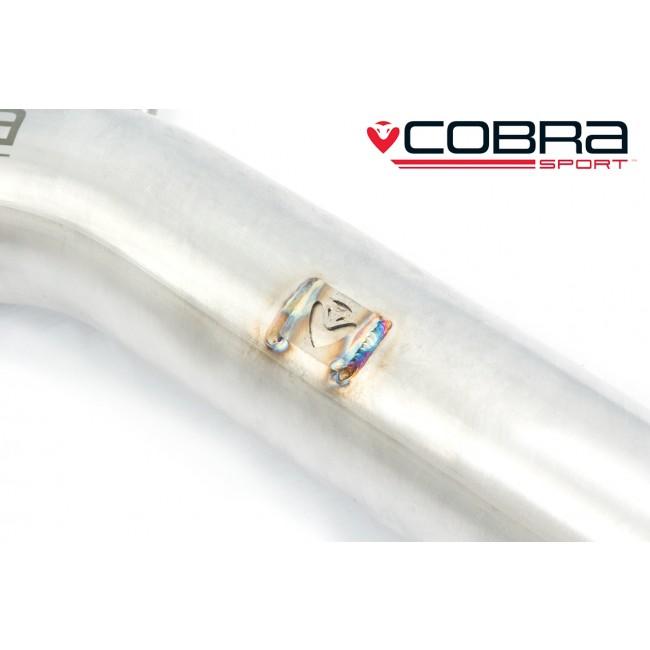 Cobra Sport Audi S3 8V resonator delete exhaust pipe center section, showing polished metal finish and installation details.
