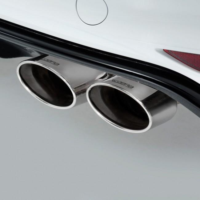 Cobra Sport VW Golf R Mk7 2.0 TSI cat back performance exhaust with polished tailpipes and dual outlet design.