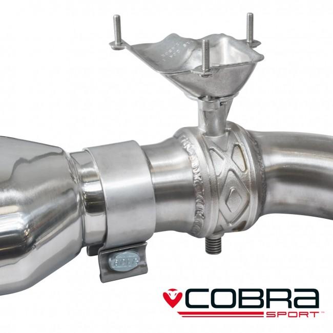 Cobra Sport VW Golf R Mk7 2.0 TSI cat back performance exhaust with dual tips and polished finish, installed on the vehicle.