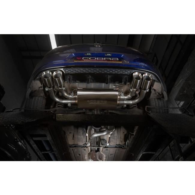 Cobra Sport VW Golf R Mk7.5 2.0 TSI cat back performance exhaust system installed on the car's rear view.