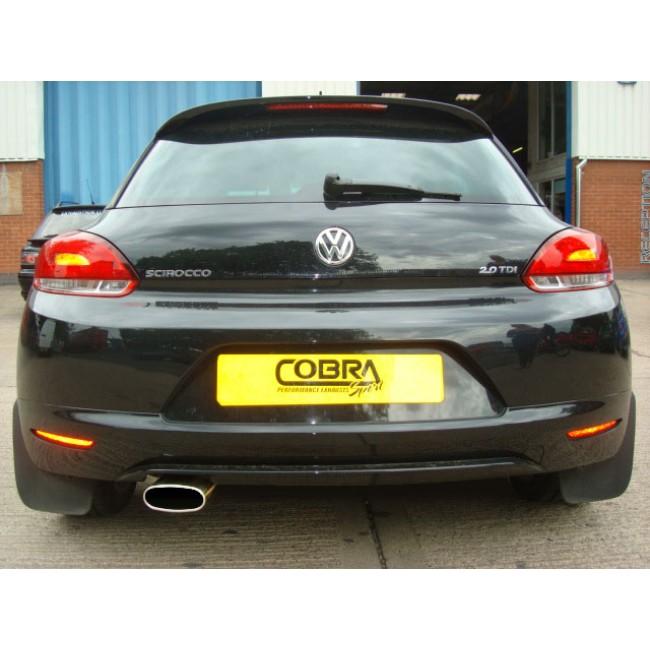 Cobra Sport VW Scirocco GT 2.0 TDI cat back exhaust system installed, showcasing polished stainless steel pipes and muffler.