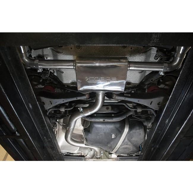 Cobra Sport VW Golf MK6 GTD 2.0 TDi 140PS cat back performance exhaust with dual tailpipes on a black car.