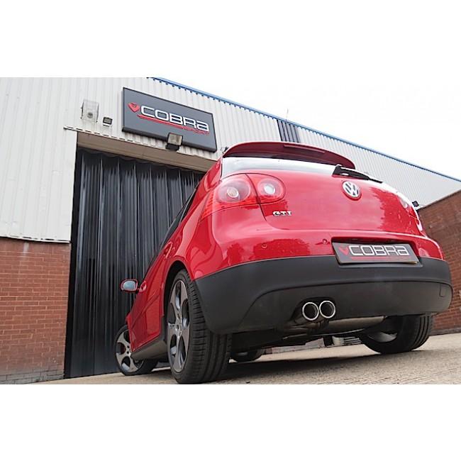 Cobra Sport VW Golf GTI Mk5 2.0 T FSI cat back exhaust system installed on a golf car with visible stainless steel piping and muffler.