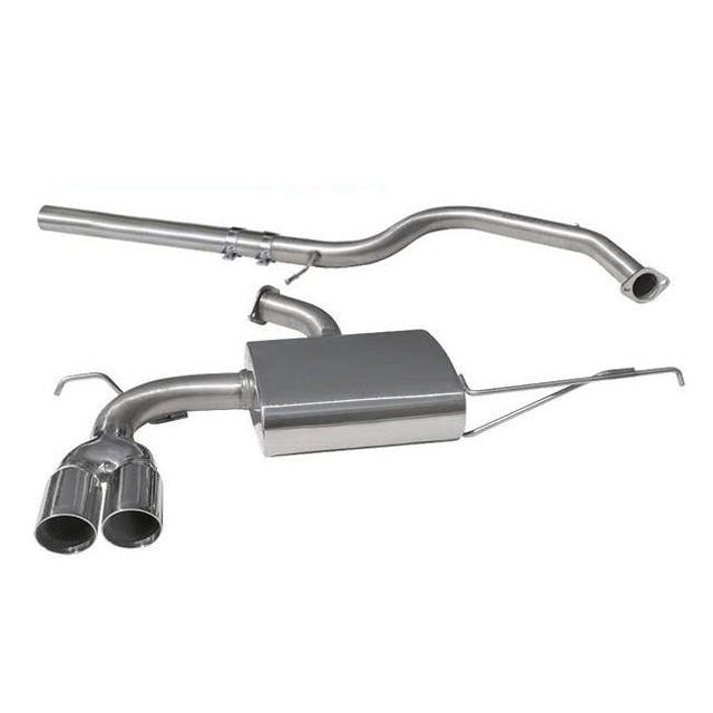 Cobra Sport VW Scirocco 1.4 TSI cat back performance exhaust system, showing polished stainless steel exhaust pipes and muffler.