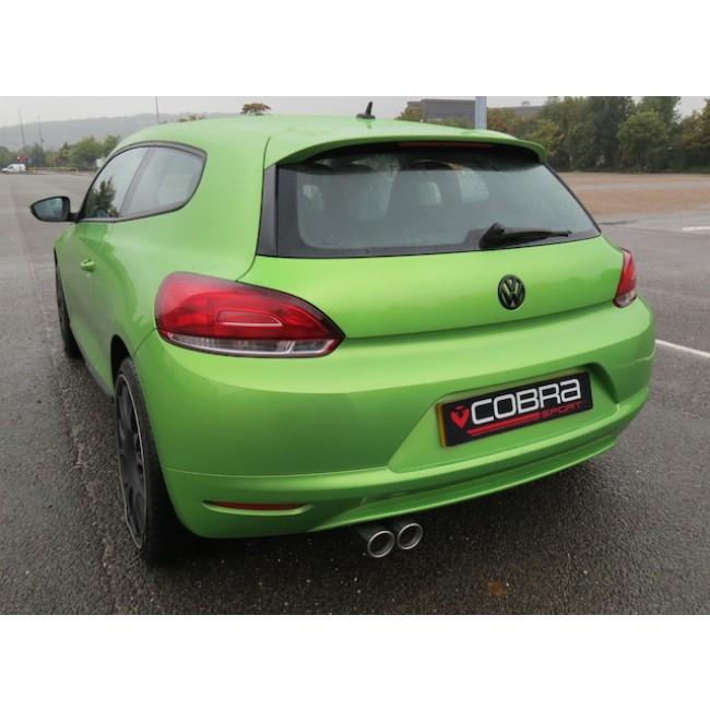 Cobra Sport VW Scirocco 1.4 TSI cat back performance exhaust system, shown installed on the car with visible exhaust pipes and tips.