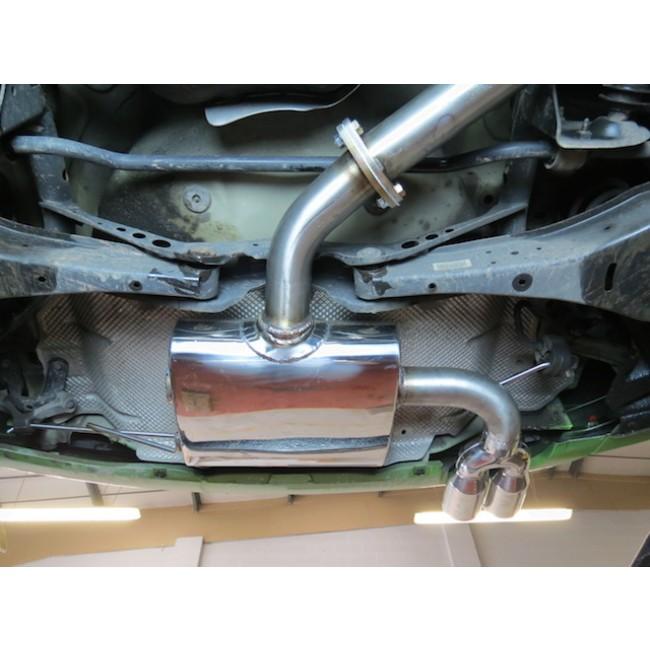Cobra Sport VW Scirocco 1.4 TSI cat back performance exhaust system showing polished stainless steel pipes and muffler.