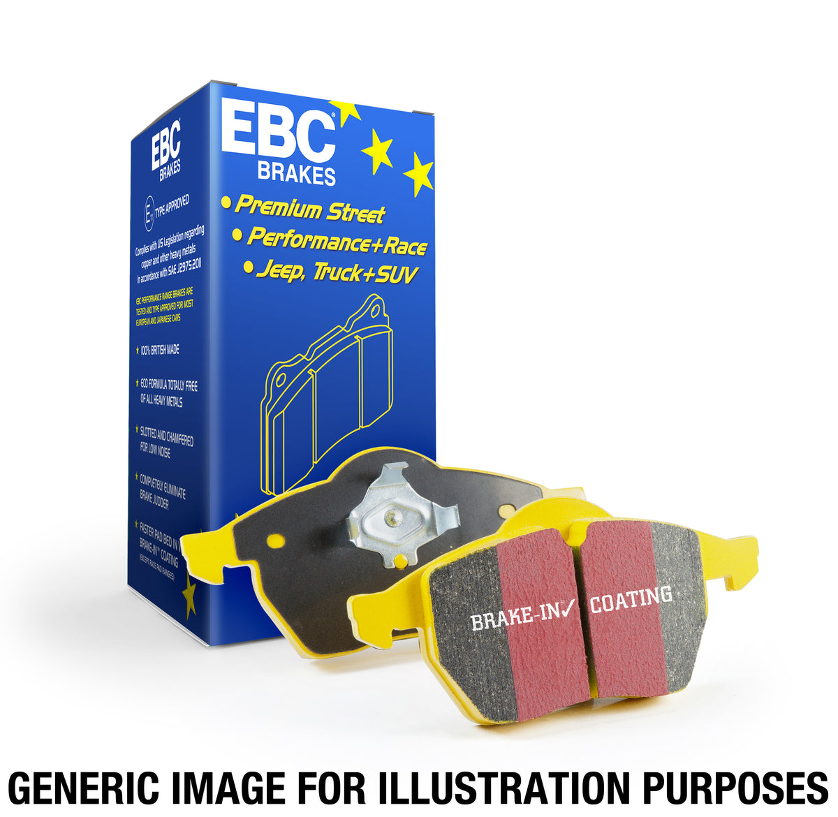 Pair of yellow EBC Rear Yellowstuff brake pads with packaging for Brembo calipers, compatible with BMW 1, 2, 3, and 4 Series.