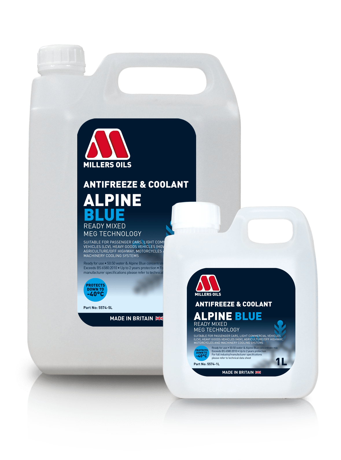 Millers Alpine Blue ready mixed car coolant and antifreeze bottles