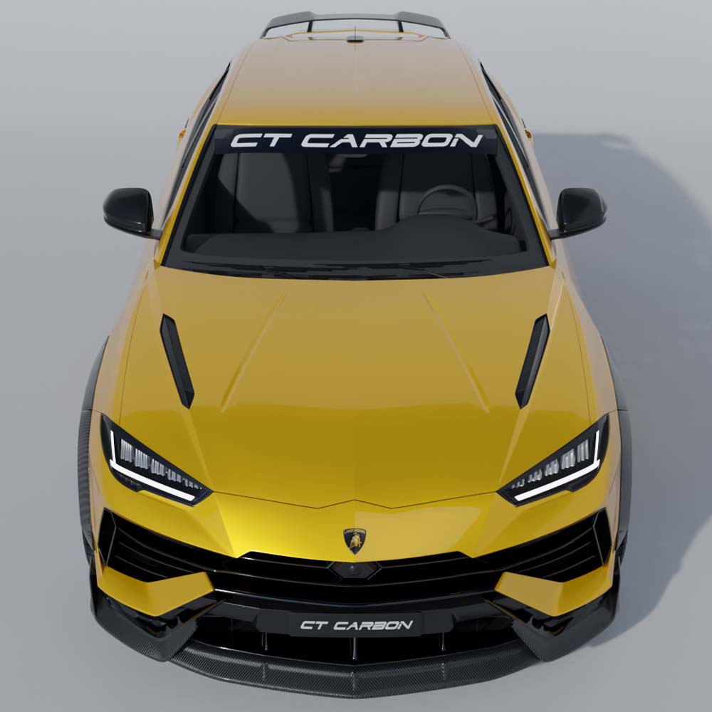 CT Carbon Lamborghini Urus S dry carbon fibre splitter showing detailed aerodynamic design and sleek carbon fibre finish.