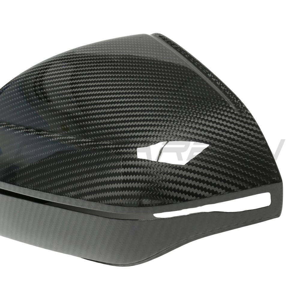 BMW M5 G90 and 5 Series carbon fiber side mirror covers by CT Carbon, LHD, featuring pre-preg carbon fiber finish.