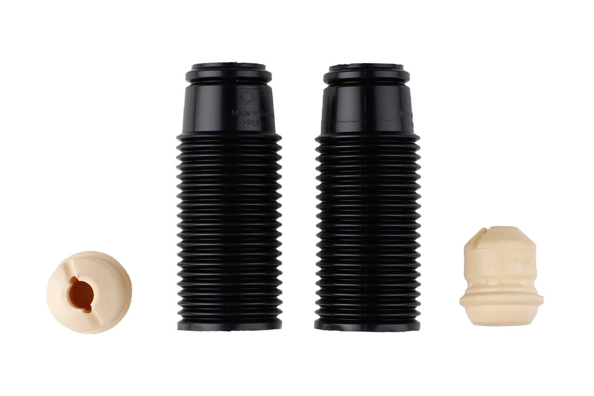 Bilstein B1 front bump stops and dust covers for Audi 80, Coupe, 90, and 100 models, showing the components and installation details.