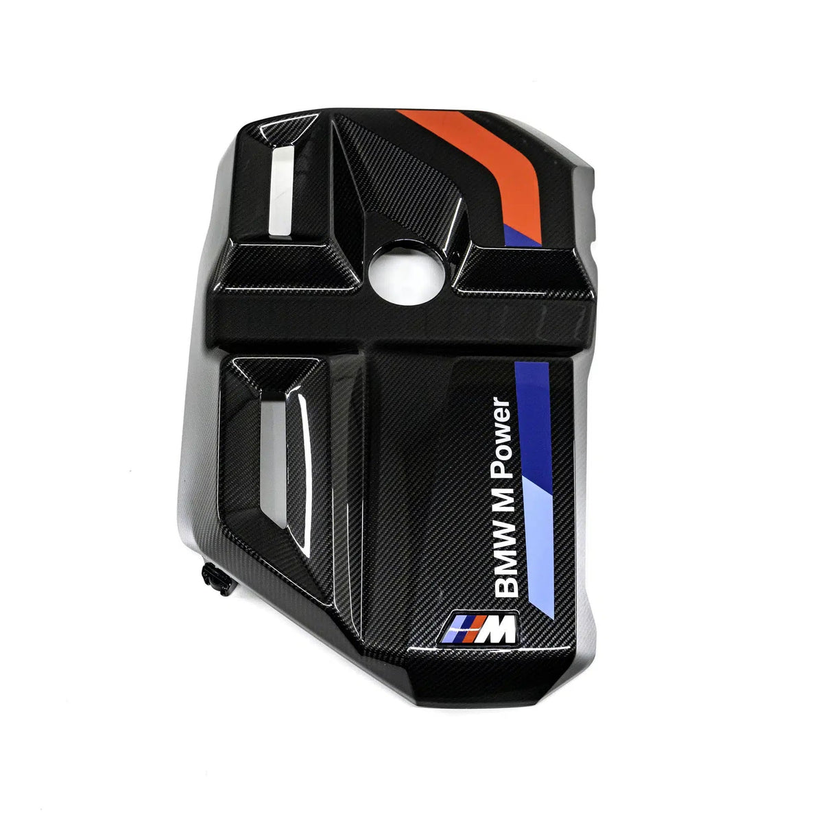Genuine BMW M Performance carbon engine cover for G80 G82 G87 models, showcasing sleek black carbon fiber material.
