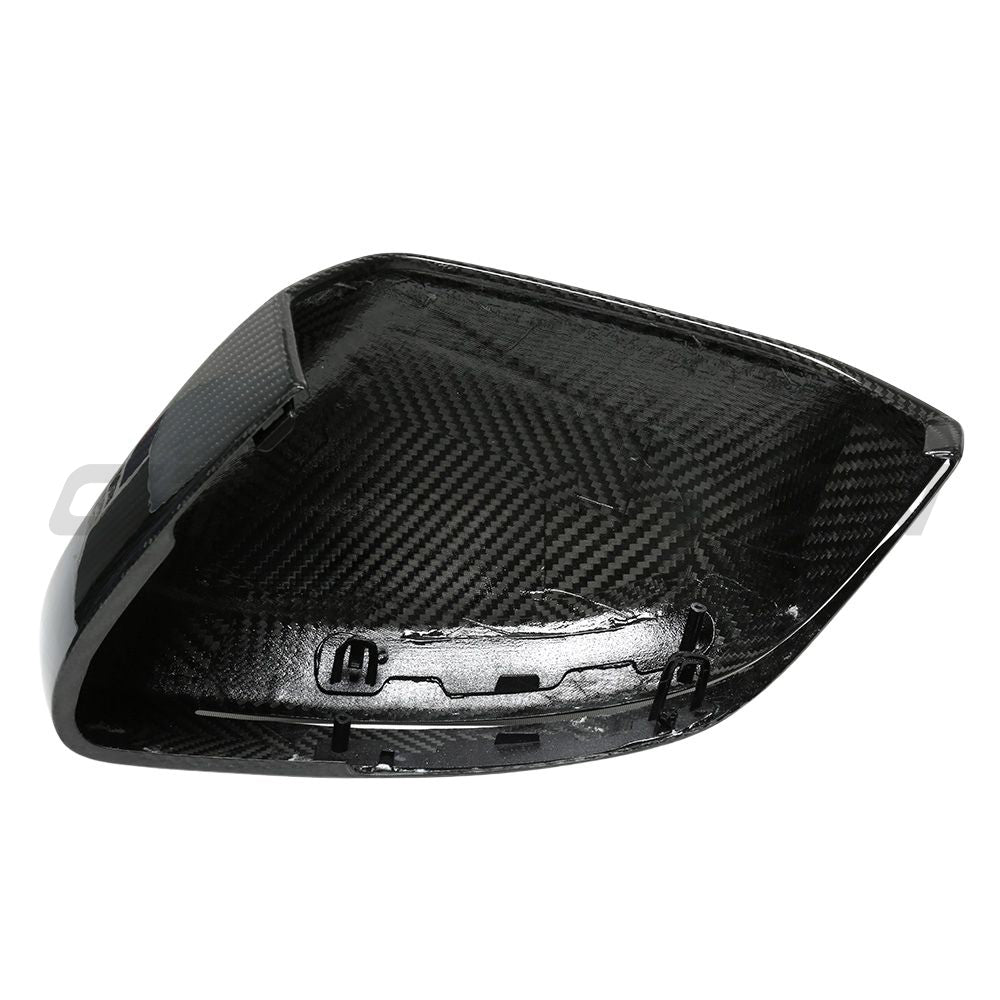BMW M5 G90 and 5 Series carbon fibre side mirror accessories by CT Carbon, pre-preg lightweight LHD mirror covers.