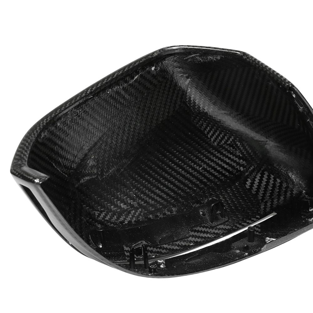 BMW M5 G90 and i5 M60 G60 pre-preg carbon fiber side mirror covers by CT Carbon, LHD accessories, sleek carbon fiber finish.