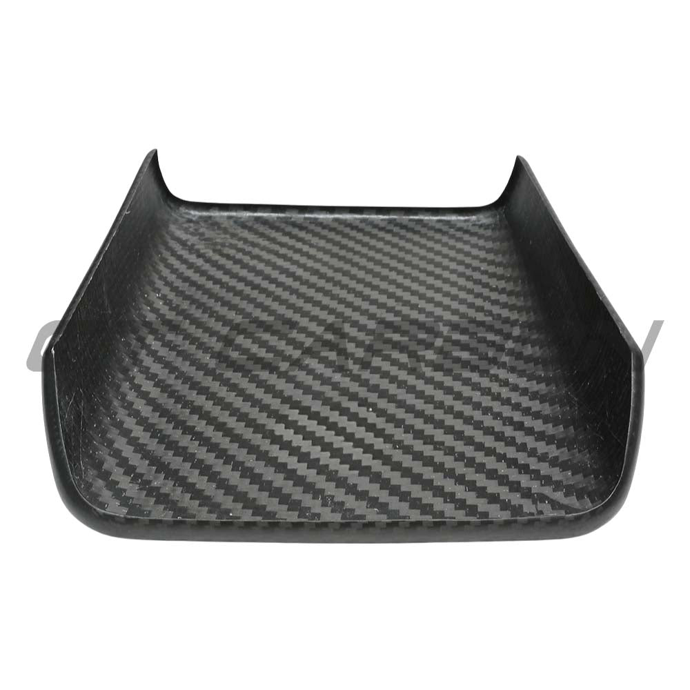Tesla Model Y 2025+ facelift matte dry carbon fiber armrest cover by CT Carbon, showcasing sleek textured surface and precise fit.