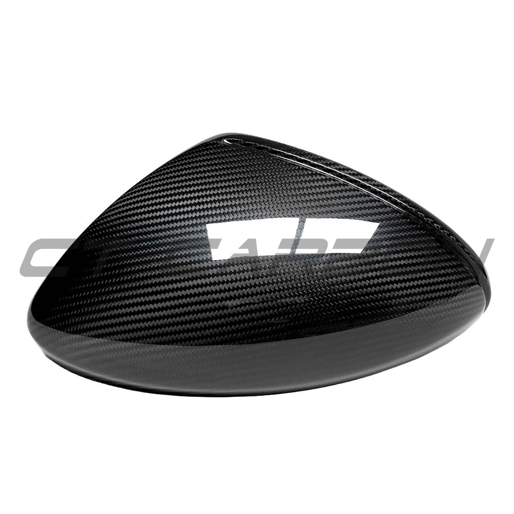 LHD dry carbon mirror covers for Porsche 718 Cayman and Boxster 2019-2021 by CT Carbon, shown on side mirrors.