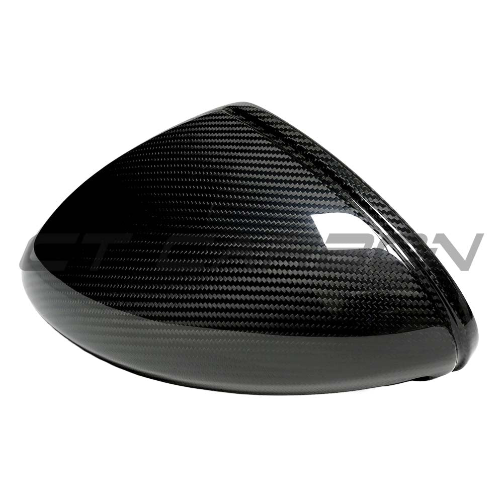 LHD dry carbon mirror covers for Porsche 718 Cayman and Boxster 2019-2021 by CT Carbon, showcasing sleek mirror housing.