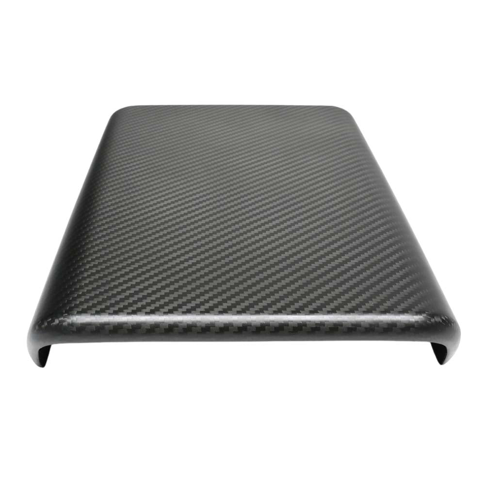 Tesla Model Y 2025+ facelift matte dry carbon armrest cover by CT Carbon, showcasing its sleek textured finish and precise fit.