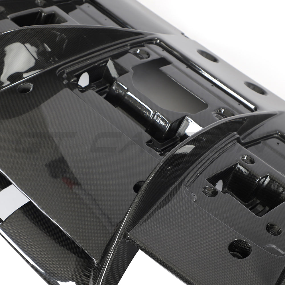 CT Carbon Ferrari F8 2019-2023 carbon fibre diffuser showcasing intricate design and aerodynamic features.