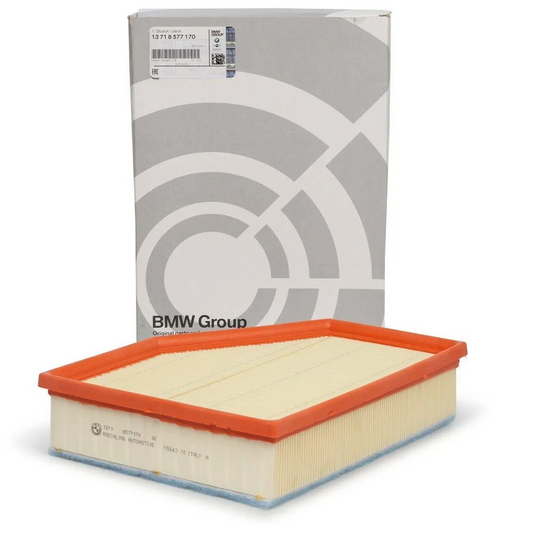 Genuine BMW panel air filter 13718594535, rectangular filter with pleated paper design for engine air intake.