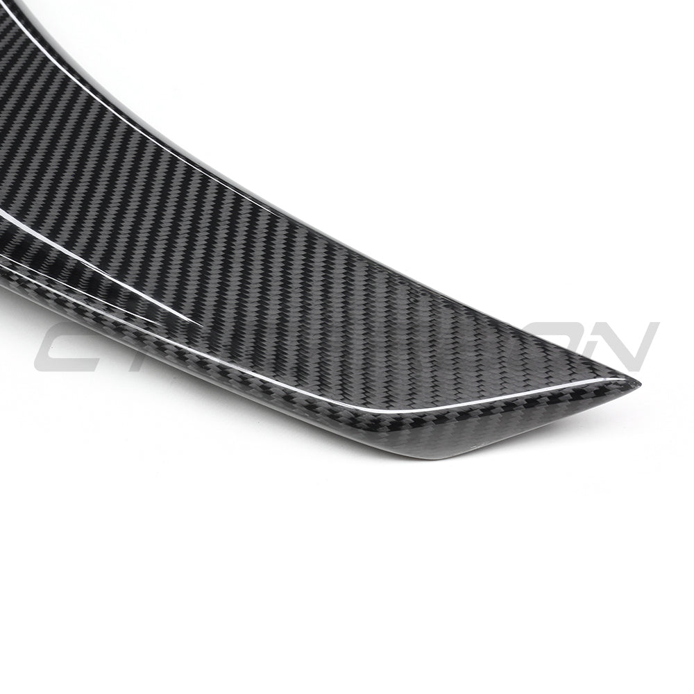 BMW 8 Series M8 G16/F93 carbon fibre spoiler by CT Carbon, front view showing sleek aerodynamic design.