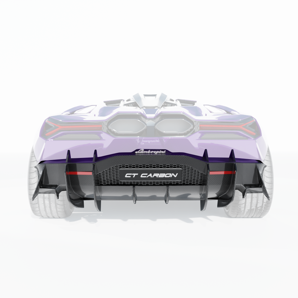 Lamborghini Revueltto matte carbon fiber rear diffuser by CT Carbon, designed for high-performance sports cars.
