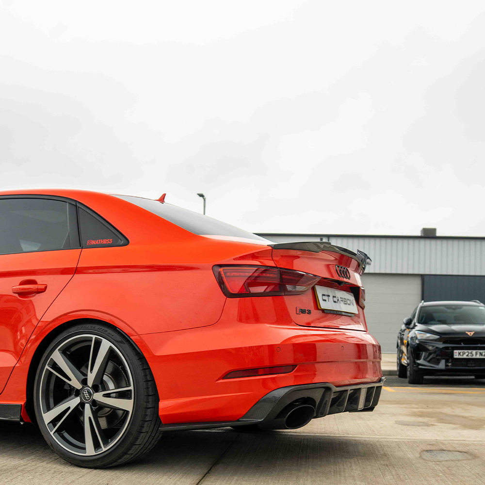 CT Carbon Audi A3 S3 RS3 8V saloon car carbon fibre spoiler mounted on the rear of the vehicle.