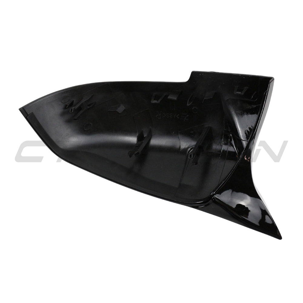 BMW 5 Series F10/F11 2013-2017 CT Carbon gloss black side mirrors, close-up view showing sleek mirror housing and reflective surface.