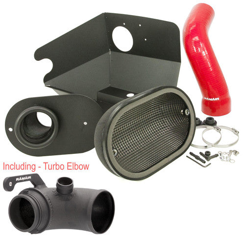 Ramair heat shield intake kit with red intake hose and turbo elbow for VW MK7 Golf GTI, R, Audi S3, Seat Leon Cupra, and Skoda Octavia RS