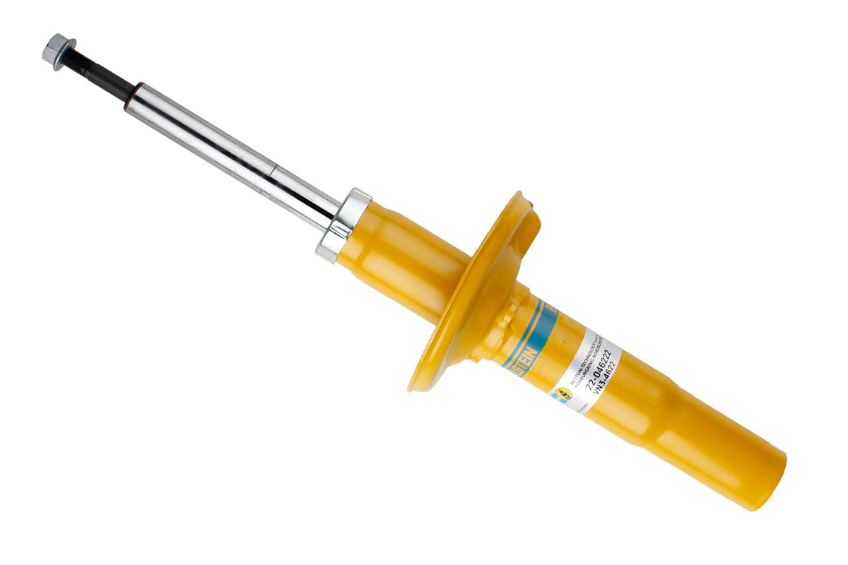 Bilstein B6 rear shock absorber for Porsche Boxster 986, front view showing durable metal body and mounting components.