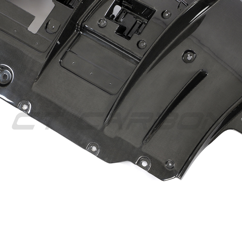 CT Carbon Ferrari F8 2019-2023 carbon fibre diffuser showing sleek aerodynamic design and textured carbon material.